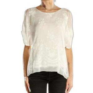 Angela Moda Ivory Sheer Lined Floral Embroidered Silk Blend SS Relaxed Top Sz S